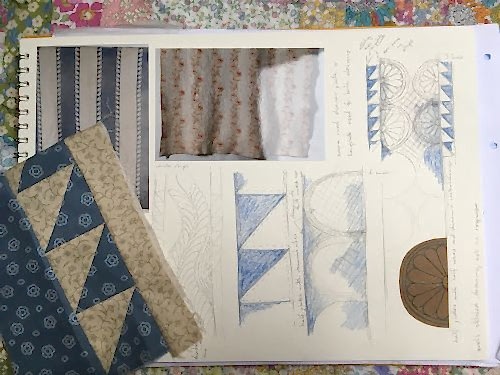 Sketchbook on Blue and White Sawtooth Strippy Quilt